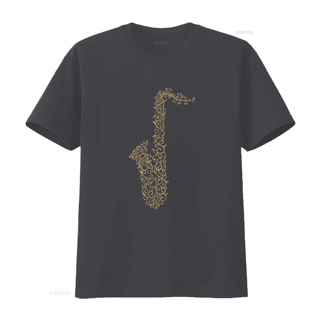 Elegant Gold Vine Wrapped Saxophone Print T Shirt for Music Lovers 100 Cotton vintage Washed homme Casual Soft Breathable