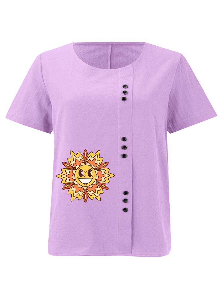 Women's Fashion Sunflower Print Casual Cotton Linen Short Sleeve Round Neck T-shirt Shirt Leisure Loose Summer Blouse Tops