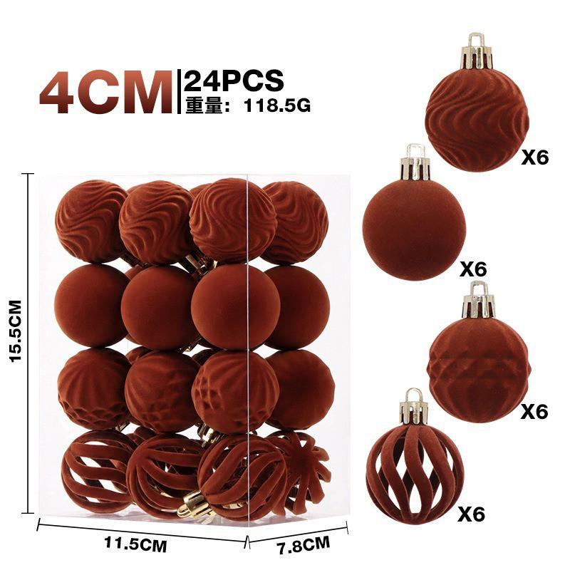 6cm Flocked Christmas Balls 24pcs Luxury Vintage Burgundy Tree Ornaments