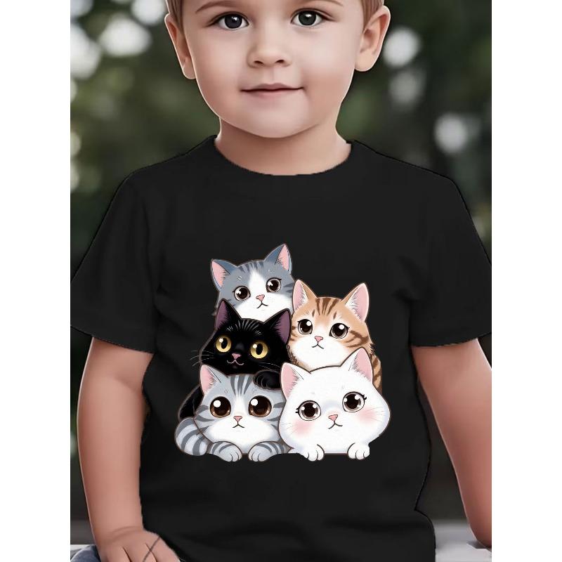 Boys Summer Crewneck T-Shirt, Cute Cartoon Cat Print Soft Breathable Short Sleeve Casual Top