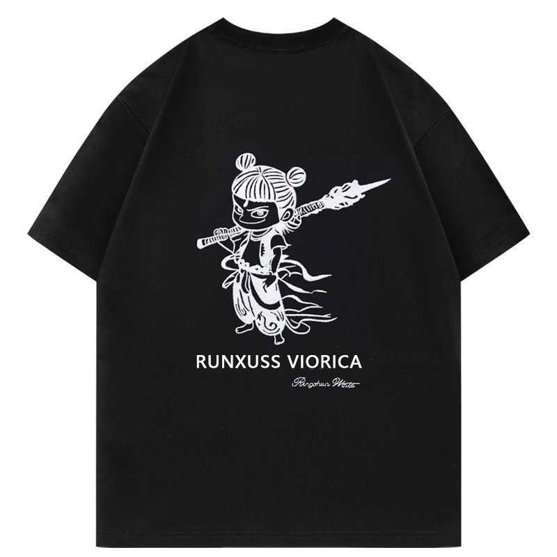 

UNXU Национальный тренд Тяжелая вышивка Нечжа Тяжелая парная футболка Летний модный тренд Топ с коротким рукавом 3XL чёрный