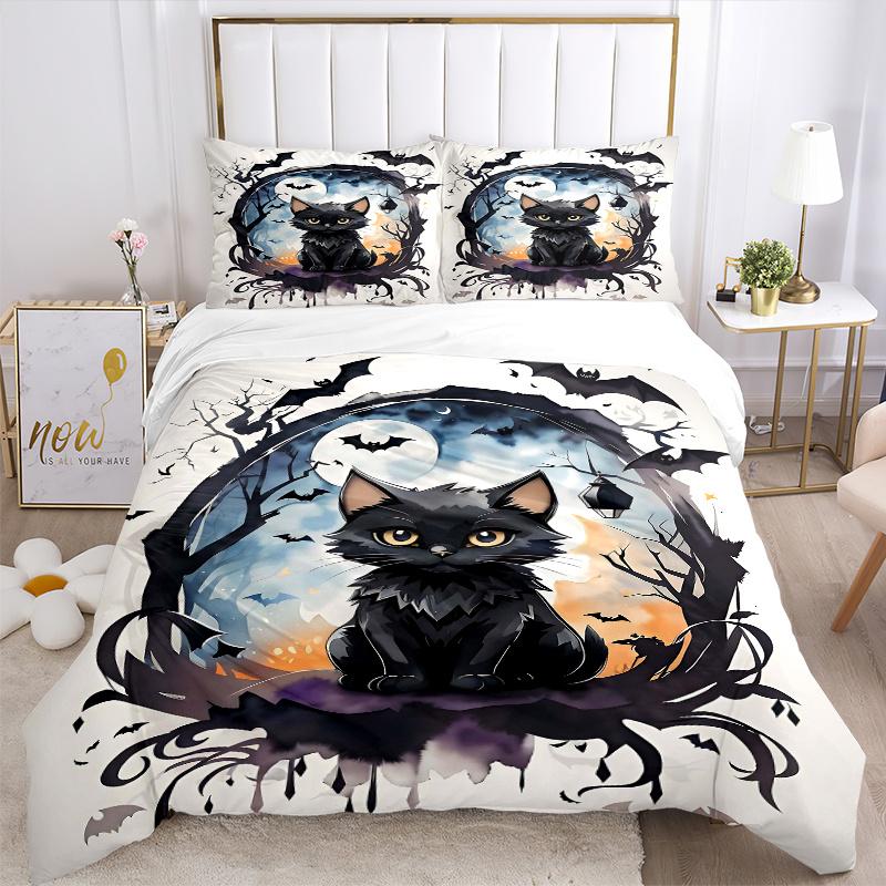 3pcs Noble Black Cat Art Printed Quilt Set - Includes 1 Quilt Cover and 2 Pillowcases, Machine Washable - Suitable for All Seasons.H071