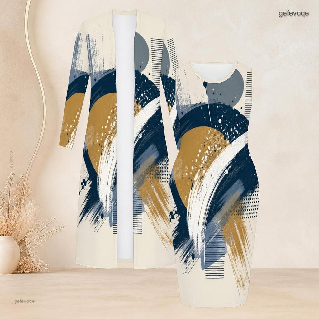 Women Plus Size Abstract Face Printed Two Piece Set Long Sleeve Open Front Cardigan Sleeveless Bodycon Dress