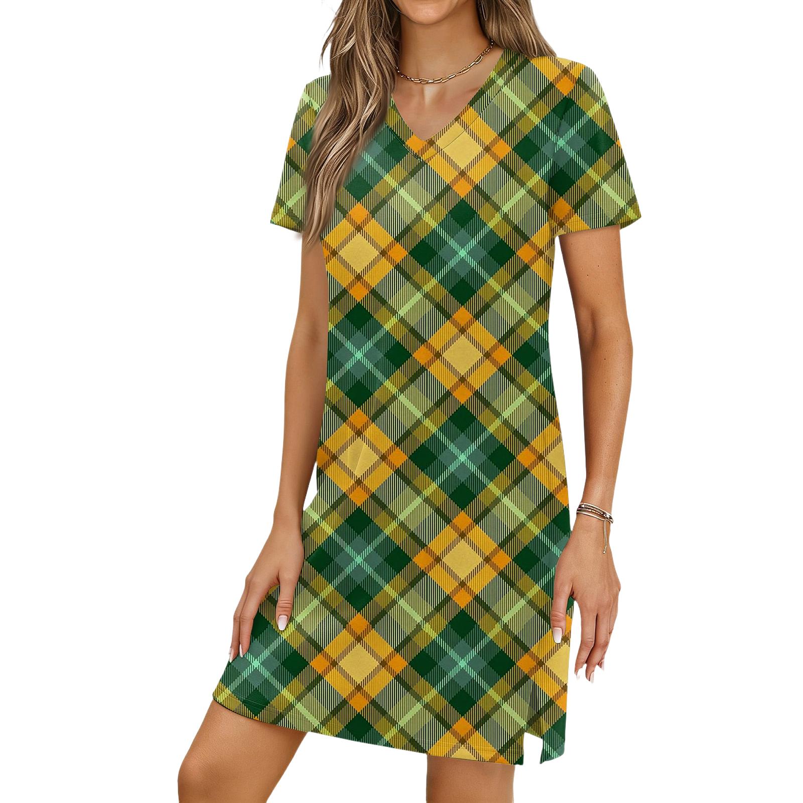 Women s Casual V-neck Short Sleeve Split Hem Plaid Print Dress M жёлтый