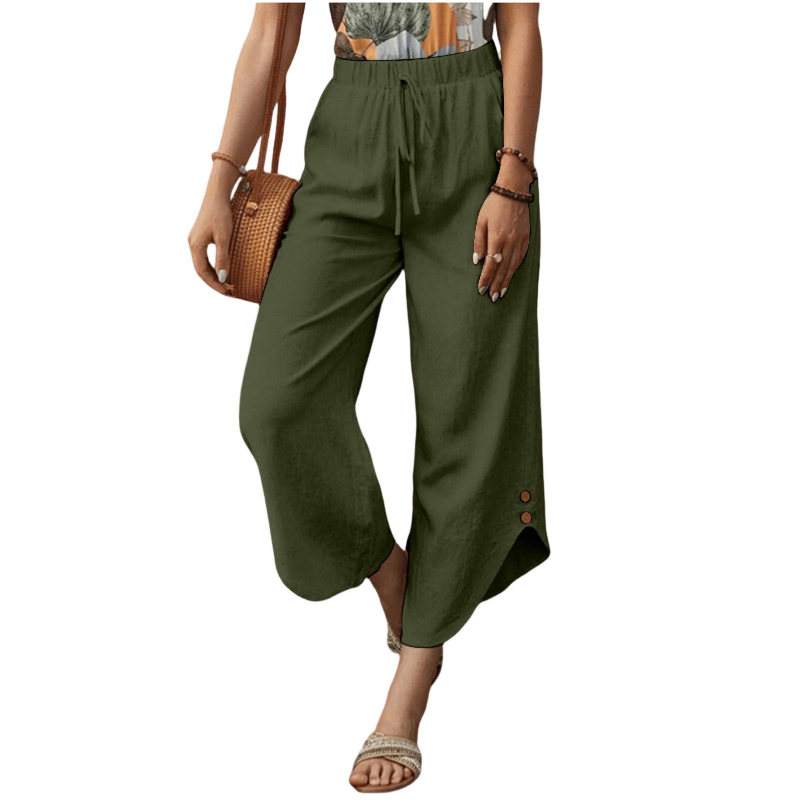 

Women s Fashionable Color Drawstring Pocket Loose Cotton And Linen Straight Leg Casual Cropped Pants L армия зеленый