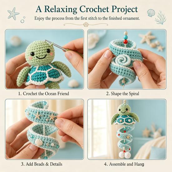 Decorative Pendant Making Kit Ocean Animal Spiral Crochet Kit, DIY Coastal Hanging Ornament Beginner Craft for Adults with Yarn And Accessories Teens,