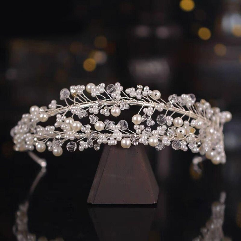 

Тиара ручной работы Полный кристалл Свадебный головной убор Свадебные аксессуары для волос Горный хрусталь Жемчуг Ободок для волос