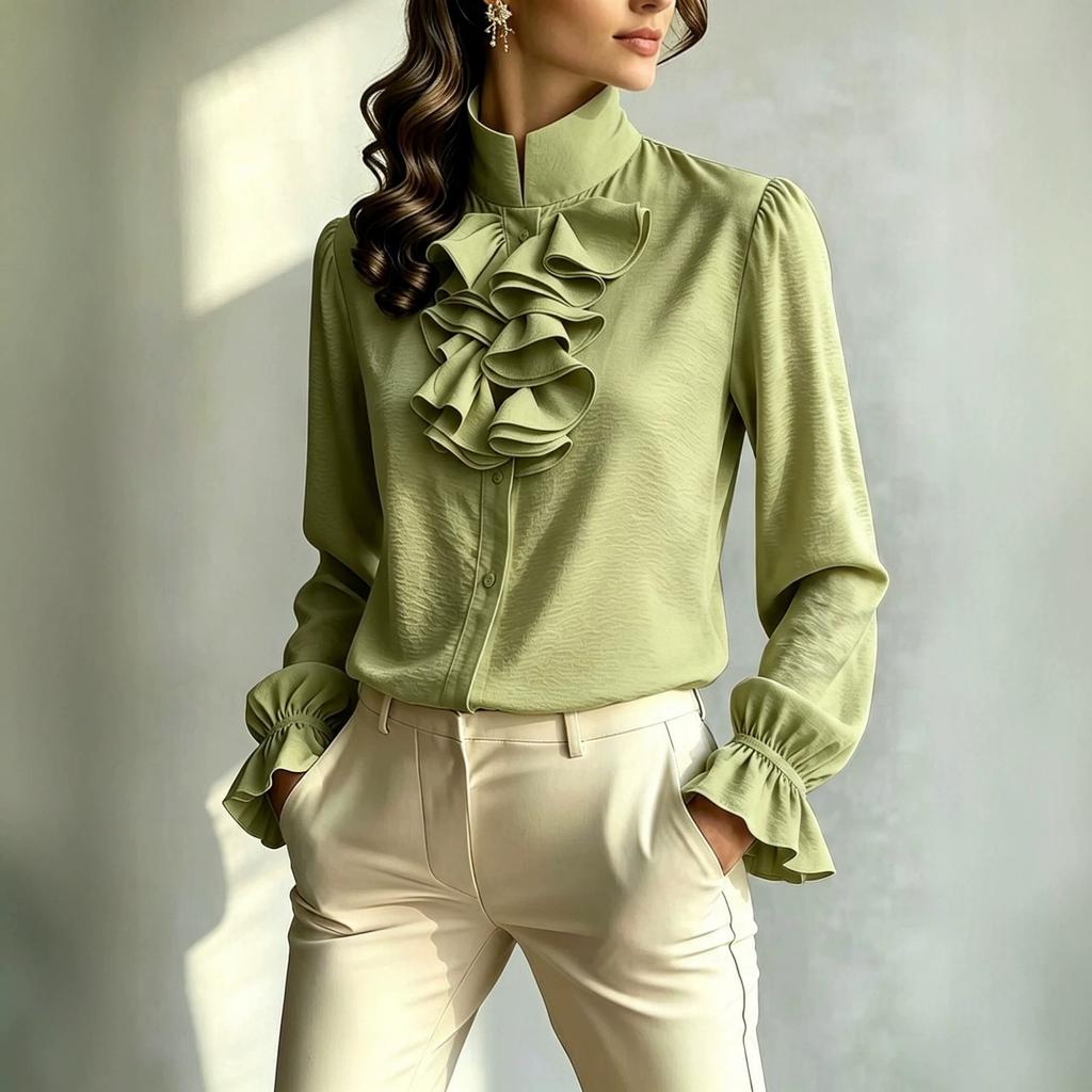 European and American Temperament Commuter Stand-up Collar Long-sleeved Polyester Shirt Women's Elegant Style Autumn New Solid Color Versatile Top