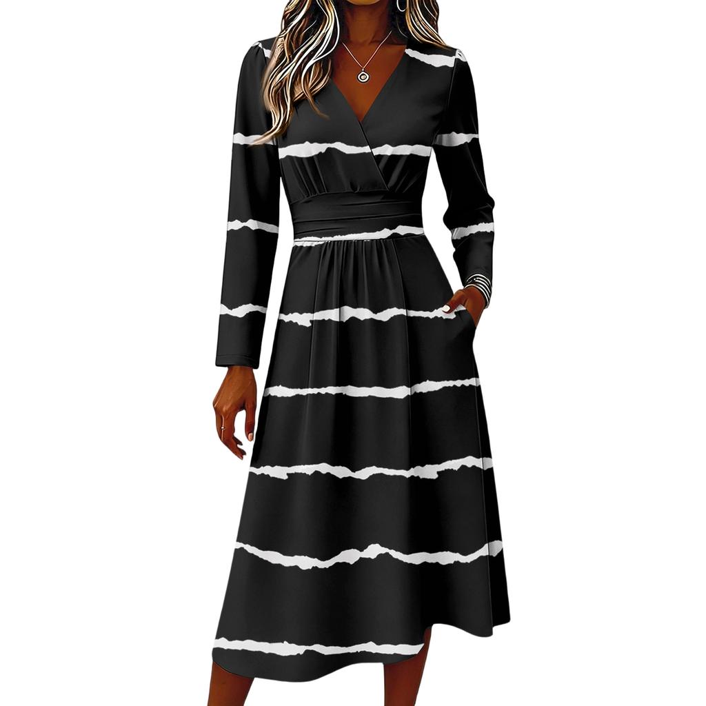 Women's Striped Casual Fashion Long-Sleeved Padded V-Neck Dress