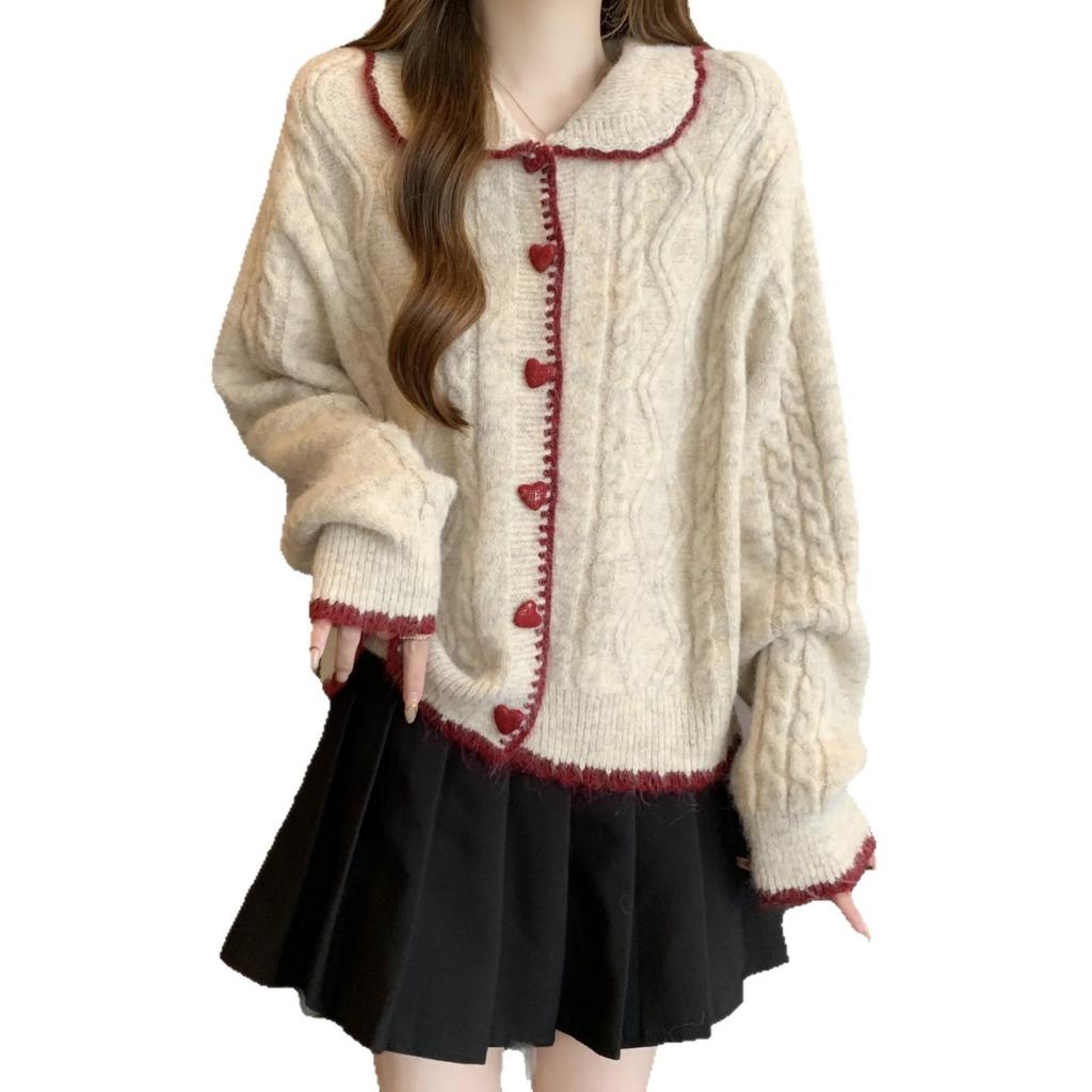 Koreanischer Stil Herzknopf Zopfstrick-Cardigan mit Puppenkragen für Damen, perfekt für Herbst und Winter