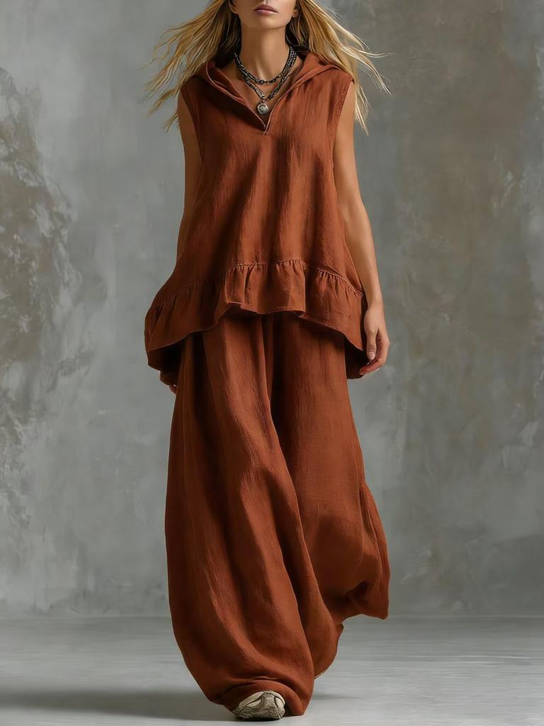 Sommer Neues Elegantes Mode Baumwoll Leinen Lässiges Ärmelloses Oberteil Weite Hosen Set