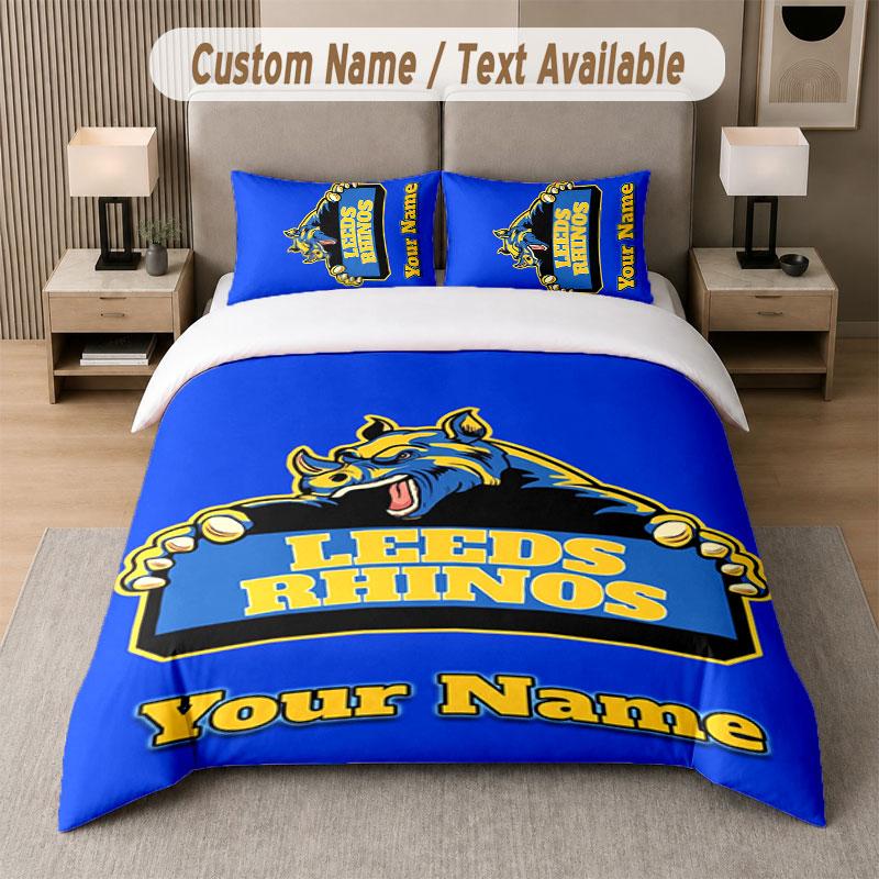 Custom Bedding Set Leeds Rhinos Pattern, Print Name Text 1 Duvet Cover plus 2 Pillowcases Home Textile