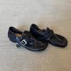 Niche fashionable one-word button deep-mouth small leather shoes women's Barn feng shui washing leather split-toe single shoes
