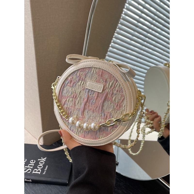 Niche bead chain round cake bag women's new fashionable versatile small round bag casual texture shoulder messenger bag