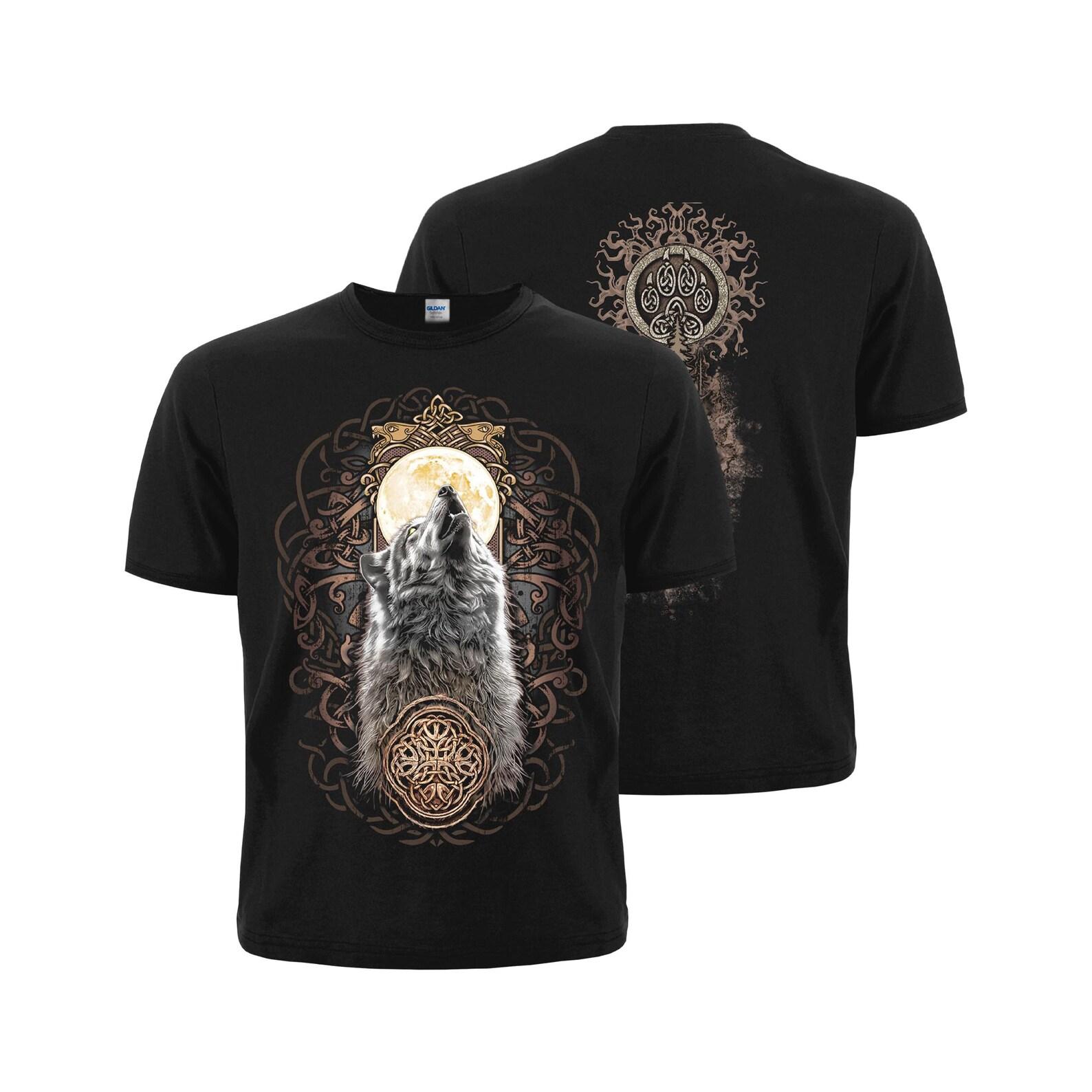 Slavic Style T-Shirt. Wolf Howling at Moon, Veles Symbol. L