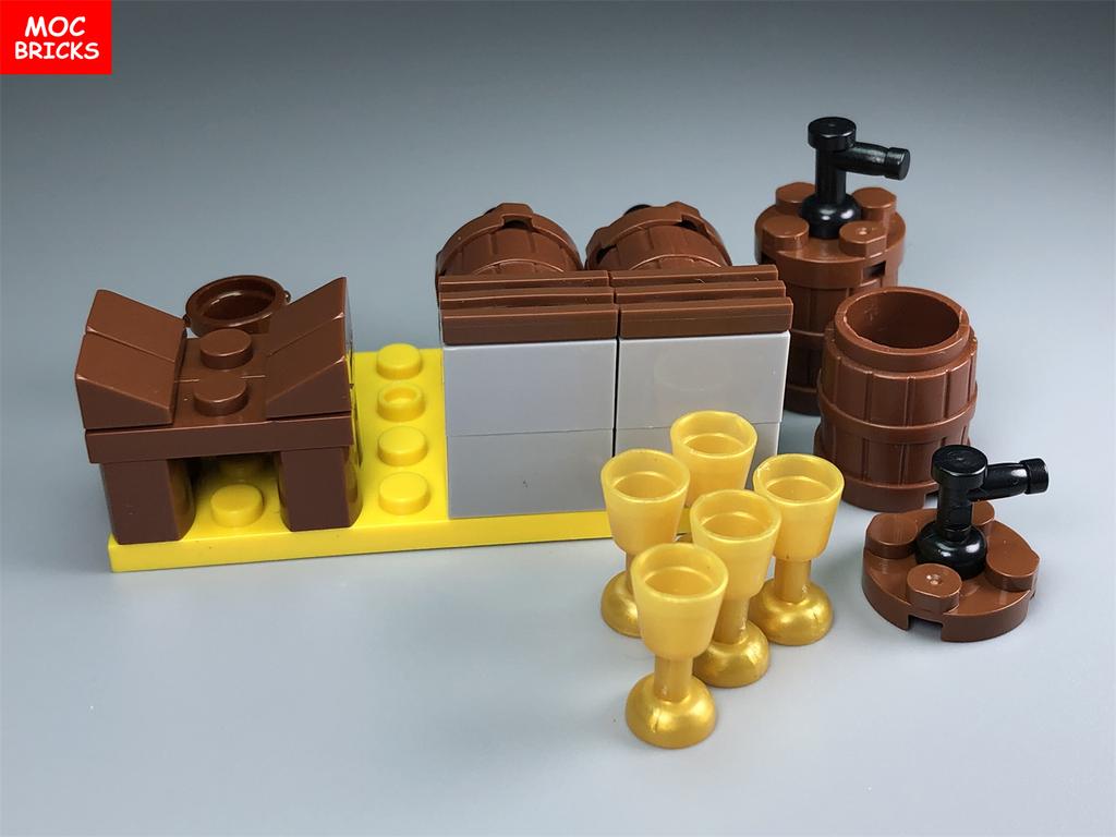 MOC Bausteine Weinfass Modell Actionfiguren Ecke des Kellers Küchenszene Bausteine Zusammengebaut Kinderspielzeug
