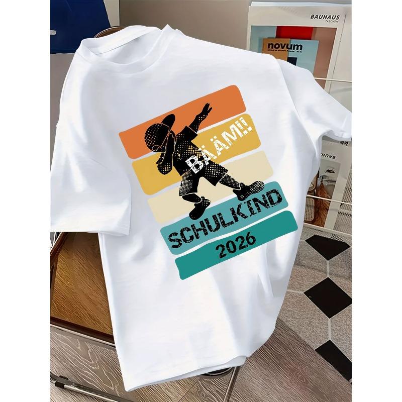 Kids Crewneck Short Sleeve T-Shirt, Schulkind Bam Print, Trendy Campus Casual Tee for Students 110 белый
