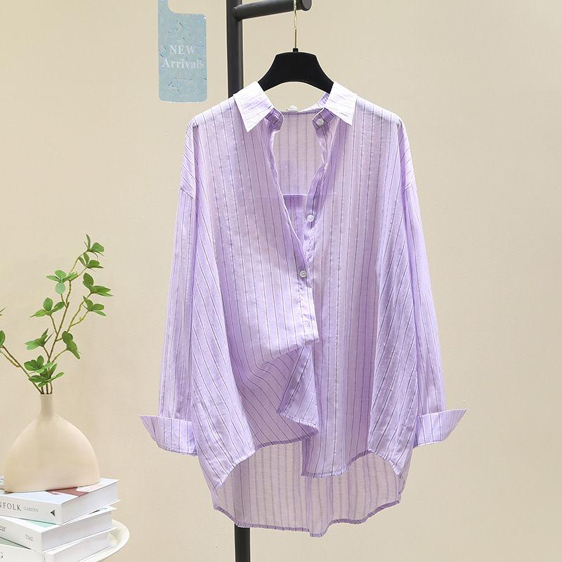 New Summer Women Fashion Striped Print Sunscreen Shirt Lapel Long Sleeve Tunic Blouse Casual Streetwear Oversized Irregular Tops
