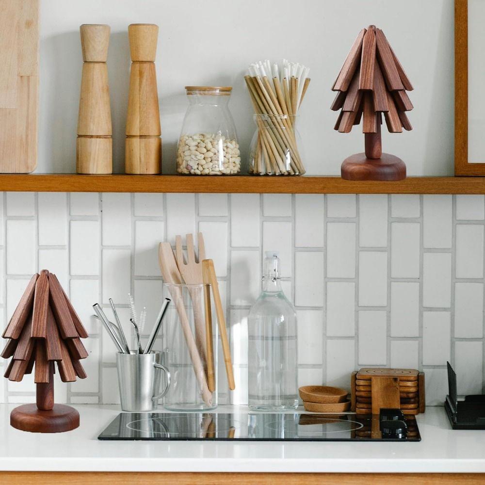 Non-Slip Walnut Tree Table Mat Set Tree Shape Placemats Wooden Trivet for Hot Dishes Bowl