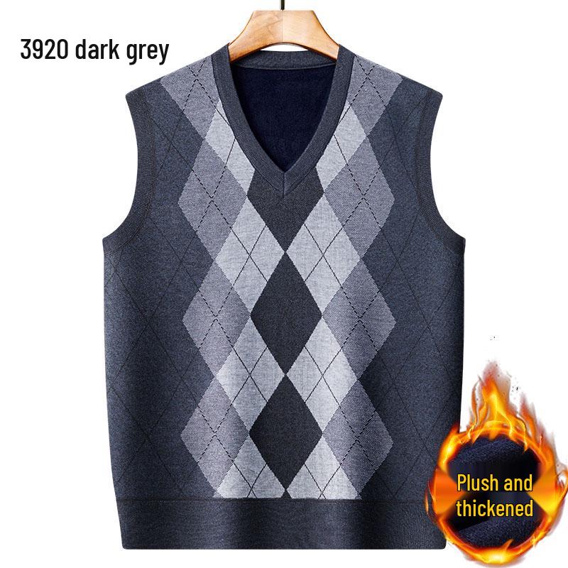 Dad's Fleece-Lined Sweater Vest: Warm Knitted Base Layer for Middle-aged and Elderly Men in Autumn and Winter.