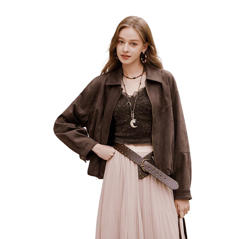 Xiangying Retro Embroidered Suede-look Short Jacket S