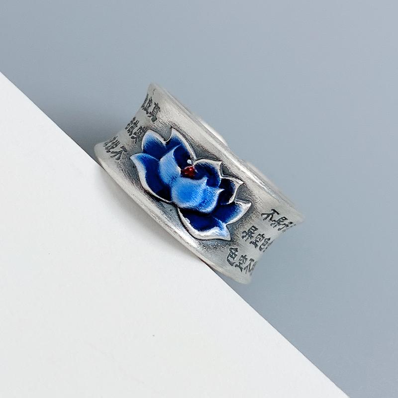 

Hx Do The Old Heart Sutra Burning Blue Lotus Открытое кольцо в китайском стиле Твердые ретро широколикие мужские и женские парные кольца Мужчина Женщина