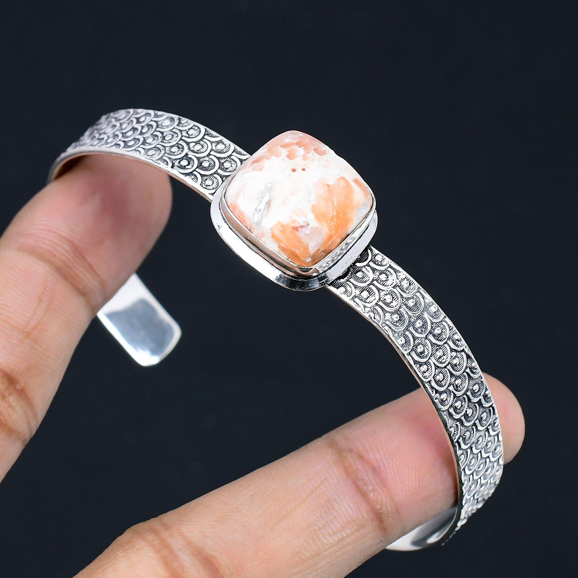 

Crown Chakra Cushion Natural Scolecite Unique Anniversary Wife Bangle 925 Silver Adjustable