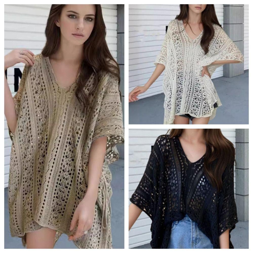 Loose Beach Crochet Sweater V-neck Hollow Out Knit T-shirt Korean Style   Girl