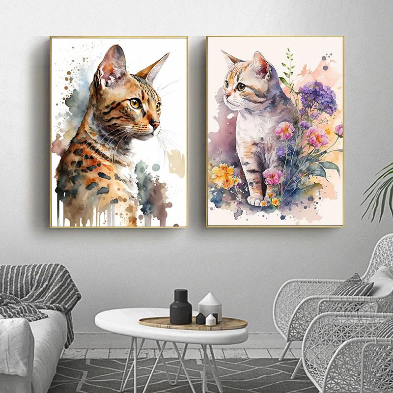 Retro Elegant Cute Watercolor Siamese English Short Cat Art Poster Oil Canvas Printed Mural Living Room Bedroom Home Decoration