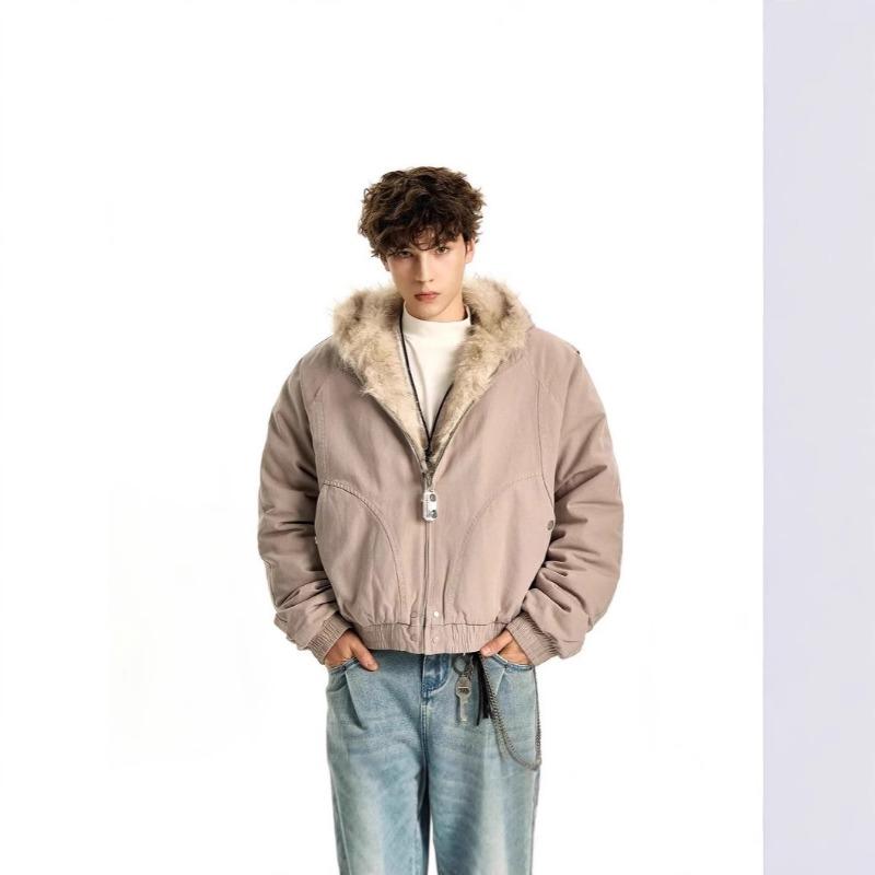 Autumn and Winter New Mountain Carving Fur Collar Plush Thickened Cotton Jacket Men's and Women's Winter Tooling Couple's Coat