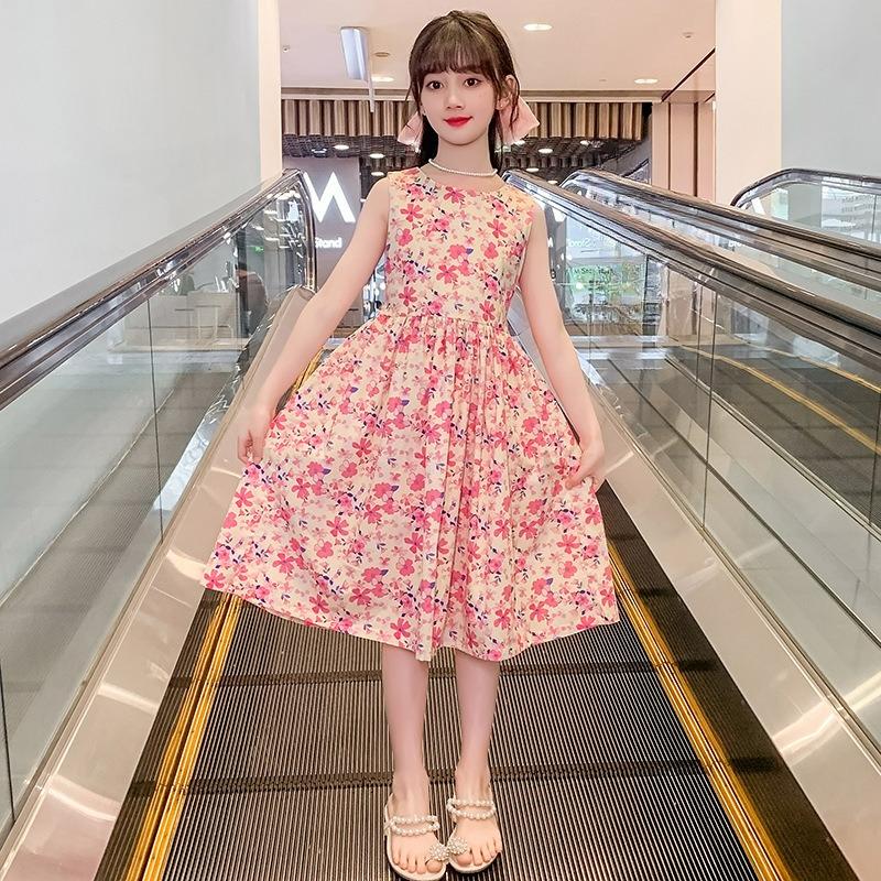 

Girls Summer Cotton Dress, Floral Cotton Vest Skirt, Pastoral Style, Big Children, Elementary School, Kindergarten, Fat Western Style 160