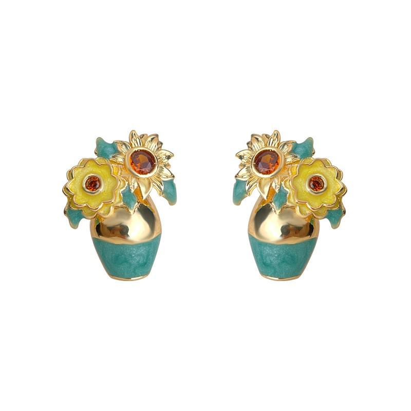 Handgefertigte Zirkonia Sonnenblumen-Steckohrringe - Retro Light Luxury