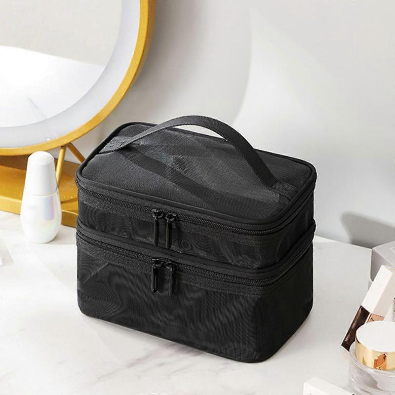 Doppellagige Kosmetiktasche Einfache Klassifizierung Große Kapazität Netz-Kosmetiktasche mit stabilem Griff für Reisen Doppellagig Schwarz