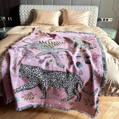 Cotton Polyester Tapestry Leopard Print Fringe Pink Floral Animal Pattern Sand-Resistant Machine Washable Blanket for Outdoor