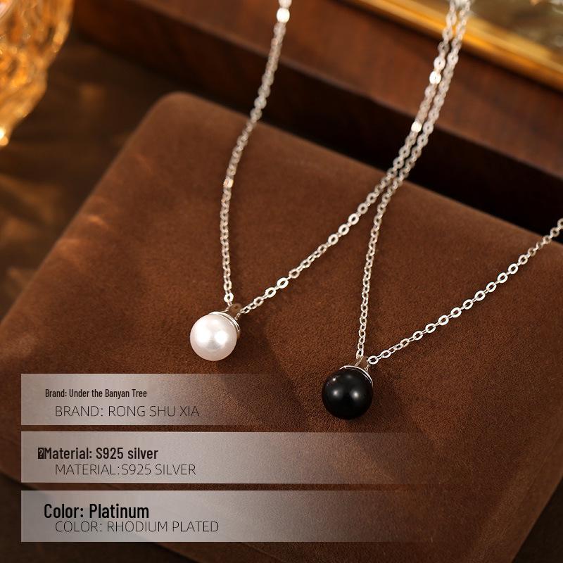 Banyan Tree Silver Water Drop Necklace with Black Agate & Pearl Pendant