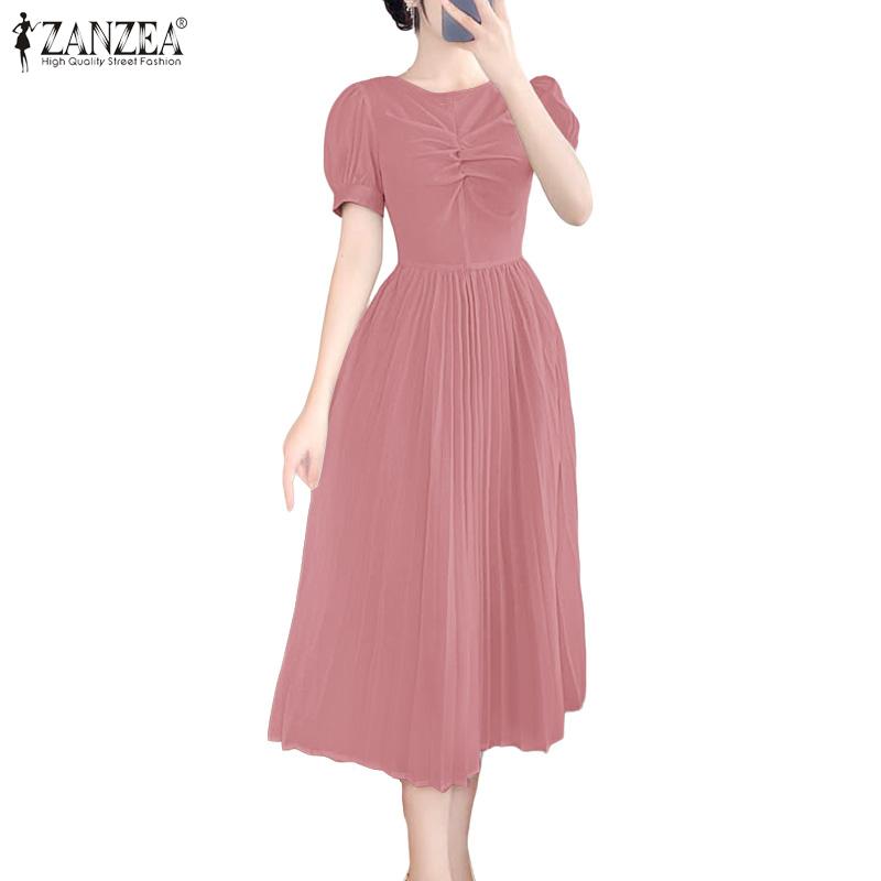 ZANZEA Women Casual Round Neck Summer Short Sleeve Long Dress