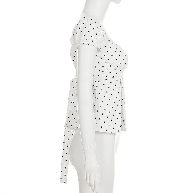 2025 Eng anliegendes T-Shirt mit Puffärmeln, Polka-Dots und V-Ausschnitt