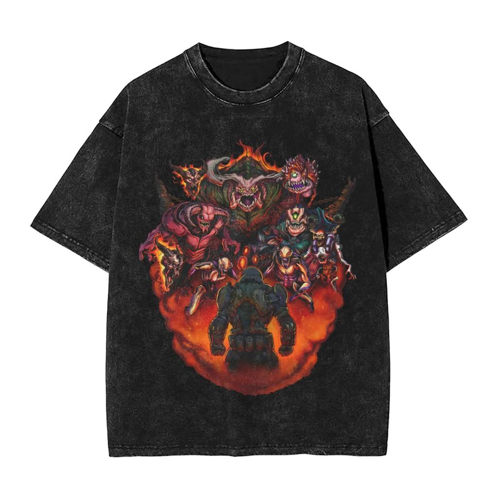 Ciemna Koszulka Oversize z Efektem Sprania Streetwear Yk Doomguy Dooms Eternal Slayer Cacodemon Koszulki Mężczyźni Kobiety Bawełna Graficzny Nadruk
