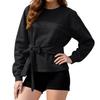 Women's Solid Color Long Sleeved Casual Round Neck Belt Bow Sports Shirt Pullover Top