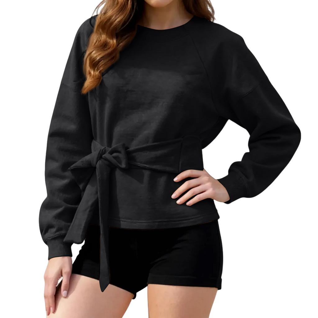 Women's Solid Color Long Sleeved Casual Round Neck Belt Bow Sports Shirt Pullover Top
