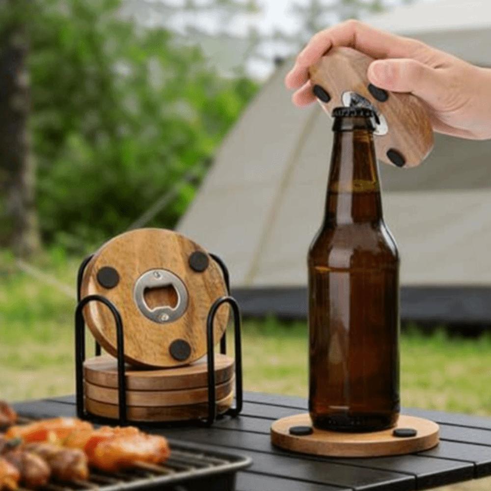 6PCS Round Insulated Cup Pad 2 in 1 Party Cup Mat Set Wood Coaster with Bottle Opener  Dining Table