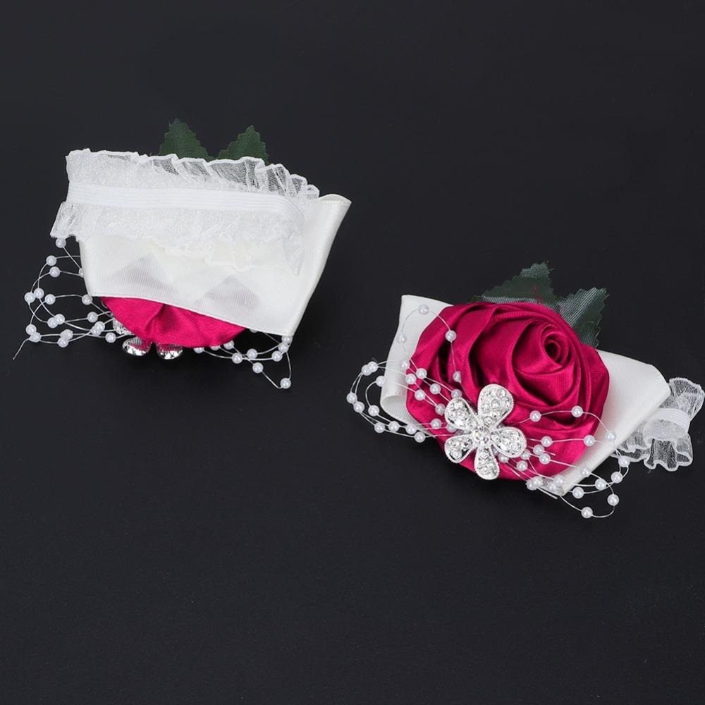 2pcs Diamond Rose Wrist Corsage Pearl Rhinestone Bridal Wrist Flower For Wedding