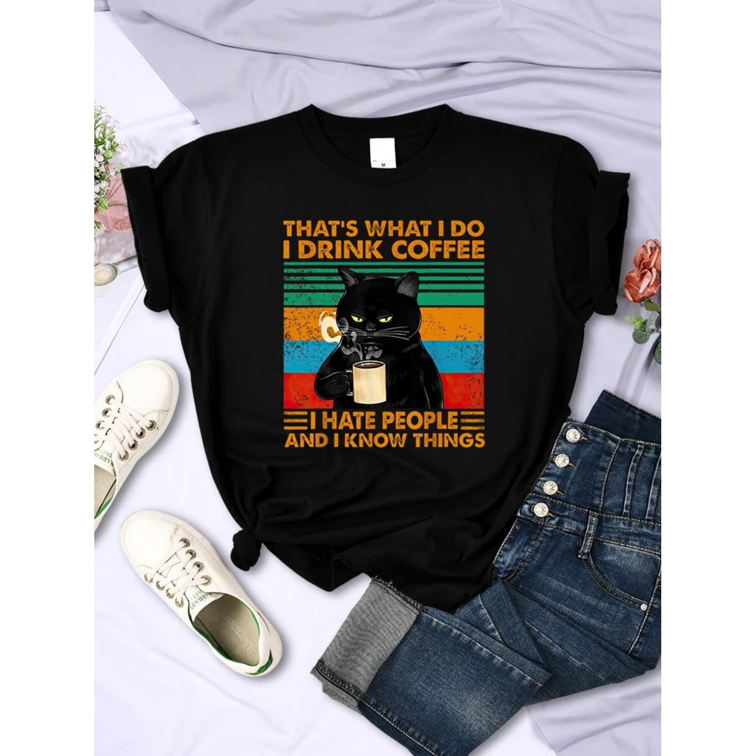 

That S What I Do I Drink Coffee Black Cat Women T Shirt Fashion Casual Streetwear Breathable Casual Clothing Womans Short Sleeve S чёрный