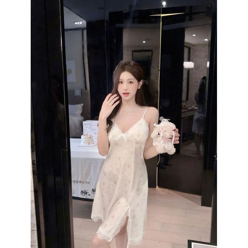 Sexy lace backless suspender pajamas spring and summer ice silk thin loungewear with chest pad plus size pajamas women