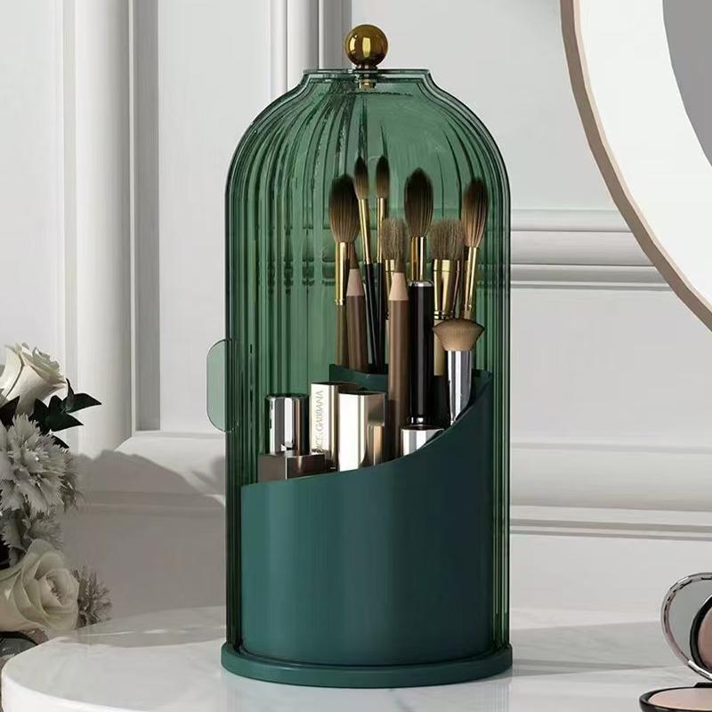 Rotating Makeup Brushes Holder with Lid Dustproof 3 Compartment Design Makeup Brushes Organizer Box for Bathroom Organizer