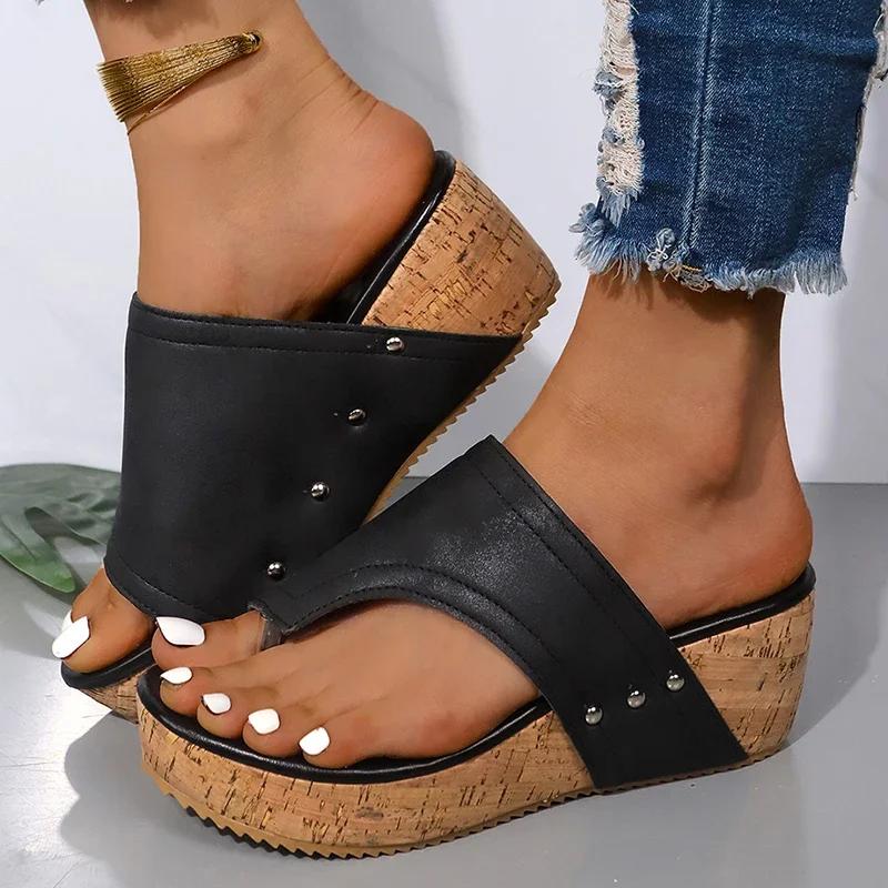 Fashion Women's Vintage Brown Wedge Heel Sandals Summer Clip Toe Non Slip Beach Slippers Woman PU Leather Platform Roman Sandalias Mujer