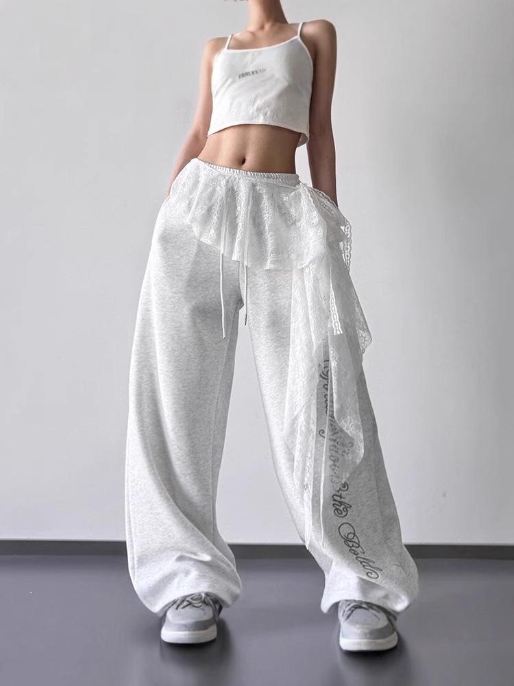 High-Waist Lace Splicing Wide-Leg Street Dance Pants for Women - Spring/Summer Casual Sportswear