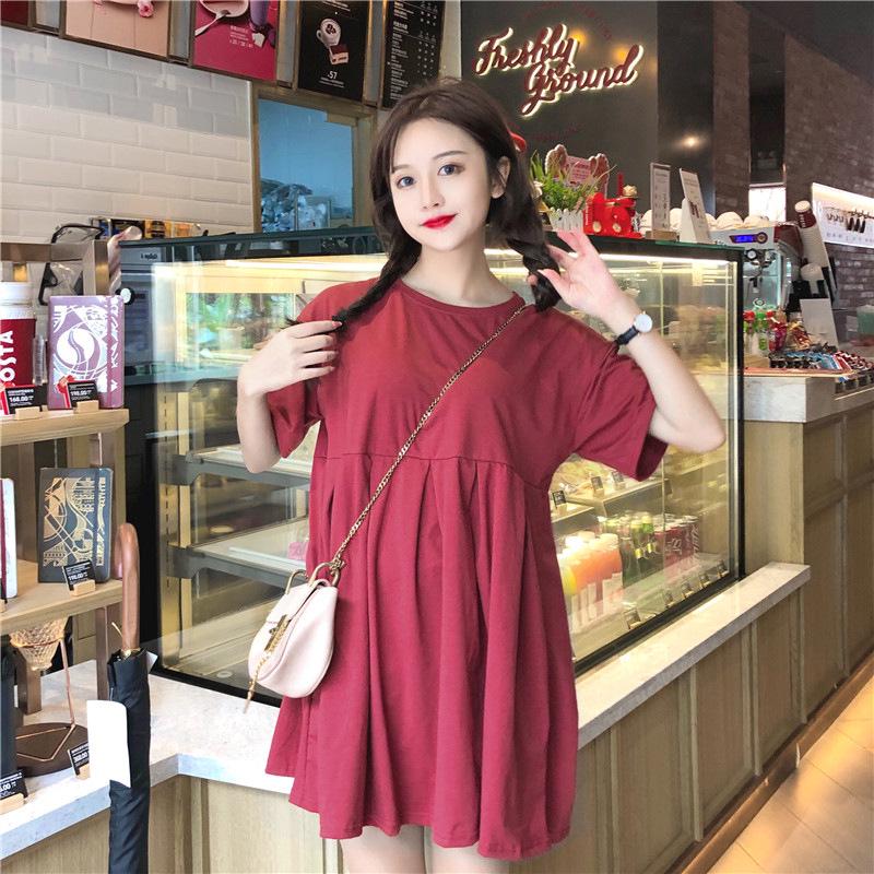 Maternity Summer Babydoll Dress - Short Sleeve, Mid-Length, Korean Style, Loose Fit, Plus Size, Round Neck Skirt