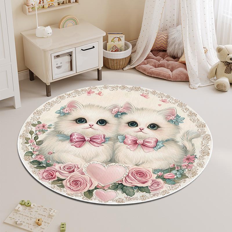 Round Carpet Bedroom Stain-resistant Cartoon Cat Bedside Children's Rug Floor Mat Living Room Washable Thickened Coffee Table Mat