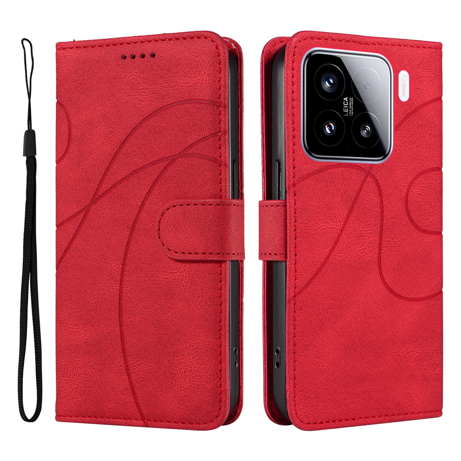 

For Xiaomi 15 Wallet Case Leather Phone Cover Stand with Curved Line Design